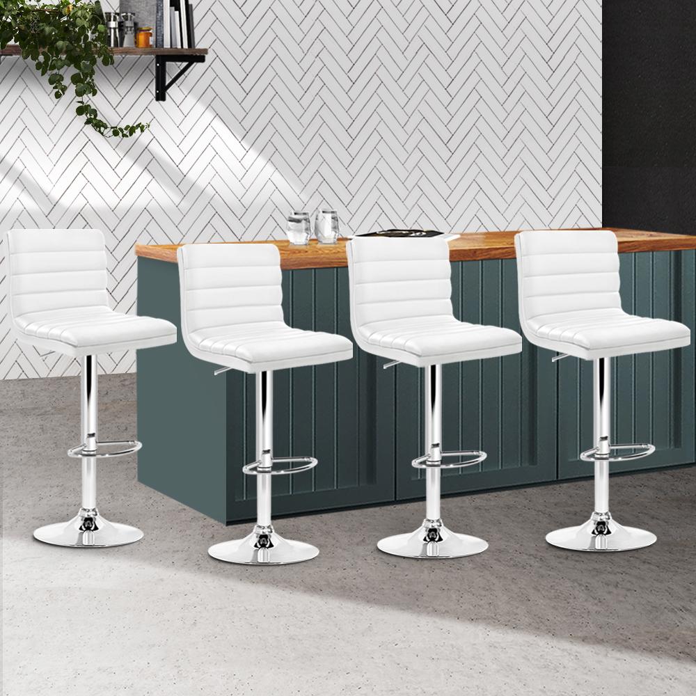 Artiss Set of 4 modern bar stools in white PU leather with chrome accents, featuring a thick padded seat and a sturdy base.